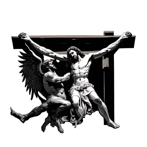 Jesus Christ on the cross with saint micheal slaying satan below him tattoo design idea
