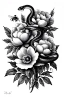 Blackwork with background of peony poppies with garter snake, salamander, and bumblebee intertwined in foliage tattoo design idea