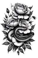 Blackwork with background of peony poppies with garter snake, salamander, and bumblebee intertwined in foliage tattoo design idea