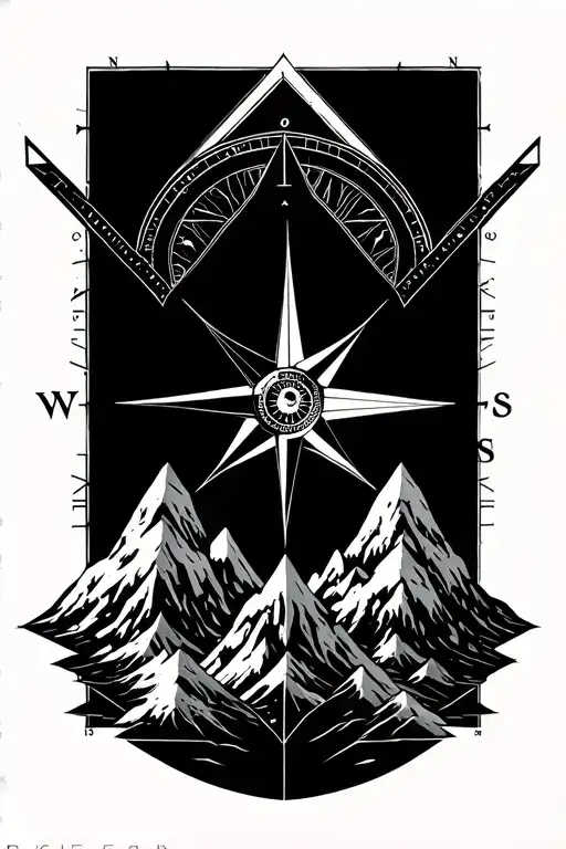 compass rose with intricate geometric mountains tattoo design idea