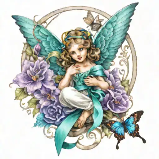 Guardian angel with teal ribbon and purple ribbon surrounded by flowers and butterflies tattoo design idea