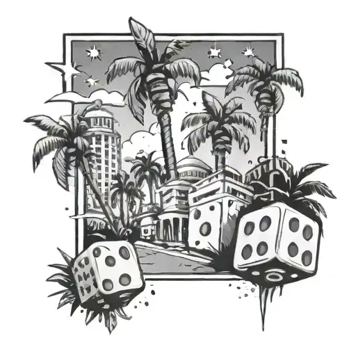 palm trees , dice , stars , downtown buildings tattoo design idea