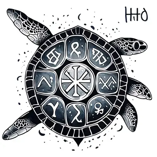 design a tattoo of a sea turtle with the chi rho symbol in the shell with the greek symbols for alpha and omega tattoo design idea