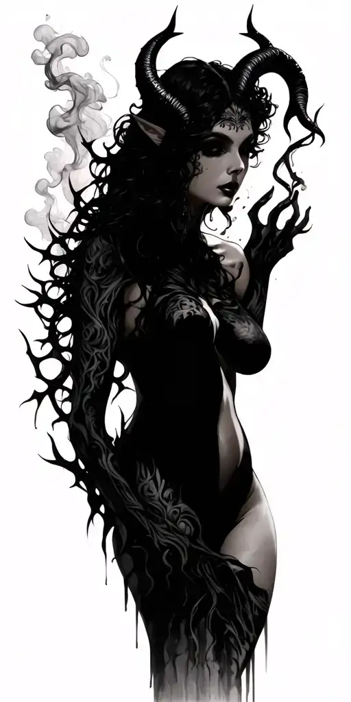 succubus, smoke, thorns, seductive, attractive woman, horns tattoo design idea