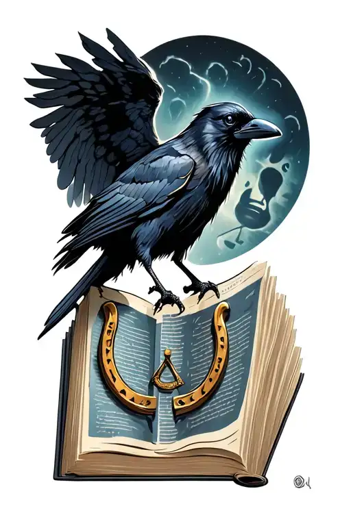 Raven coming out of a book by steering wheel, dog imprints, sign of the scale, horseshoe tattoo design idea