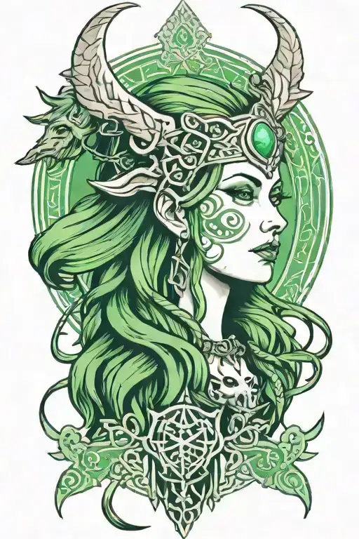 a portrait style tattoo of the goddess Hel, with  head of Fenrir. include Norse runes, chains on Fenrir & ethereal green tattoo design idea