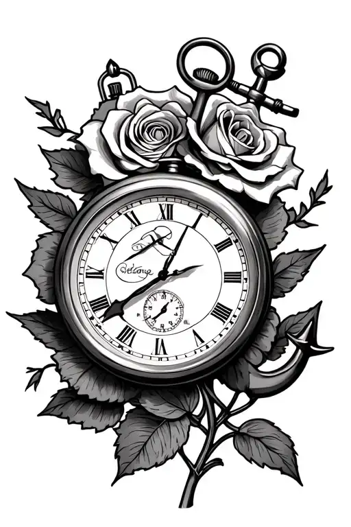 stopwatch between a rose and an anchor tattoo design idea