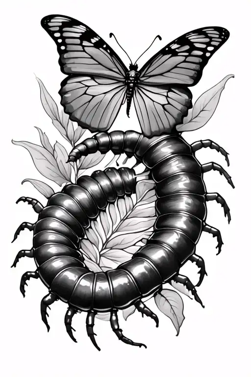 realistic centipede wrap on right arm on to chest surround with a butterfly sitting on its head tattoo design idea