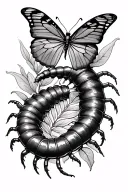 realistic centipede wrap on right arm on to chest surround with a butterfly sitting on its head tattoo design idea