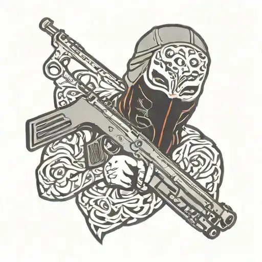 ski mask holding gun tattoo design idea