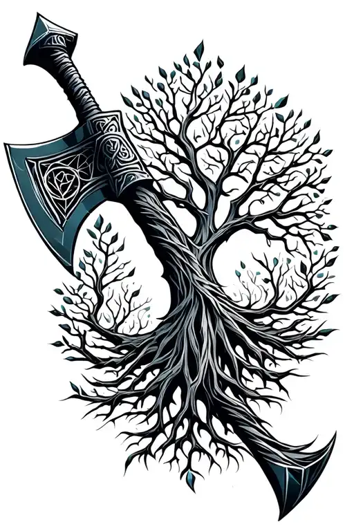 viking axe with tree of life intertwined within tattoo design idea