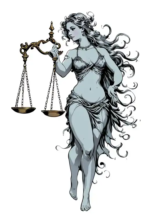 stading sexy lady of justice holding scales of justice in one hand  tattoo design idea