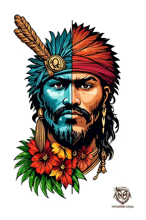 HALF PIRATE FACE, HALF HAWAIIAN WARRIOR FACE tattoo design idea