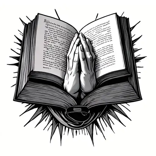 praying hands holding open book surrounded tattoo design idea