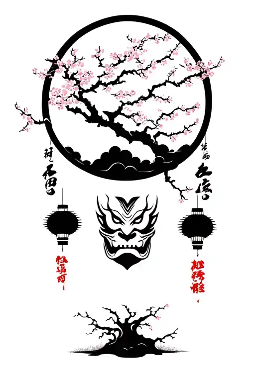 cherry blossom tree growing, dark clouds, oni mask. lanterns besides tattoo design idea