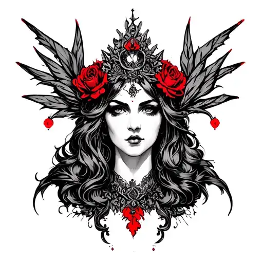 A tattoo-inspired black-and-white illustration with selective red accents. A baroque, pin-up priestess figure posed erot tattoo design idea