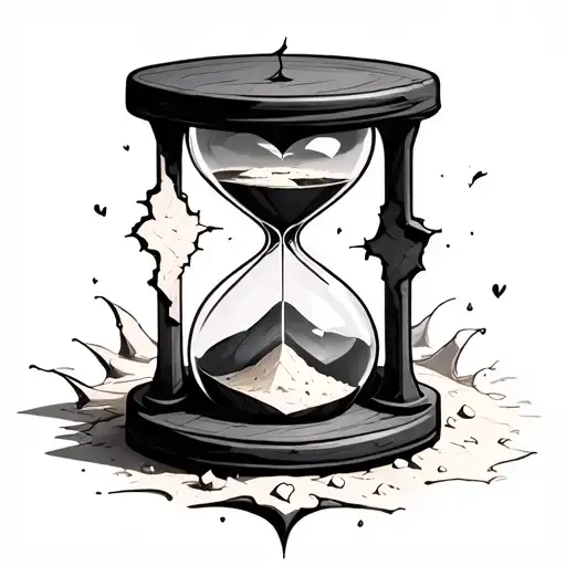 A small hourglass, cracked in the middle, with sand forming the shape of a heart at the bottom. tattoo design idea