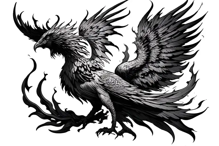 phoenix rising, gothic style, wide open surrounded by fire tattoo design idea