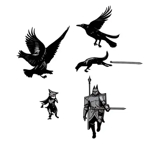 crow in flight with a fox running around and a wortorn knight holding a sword and shield tattoo design idea