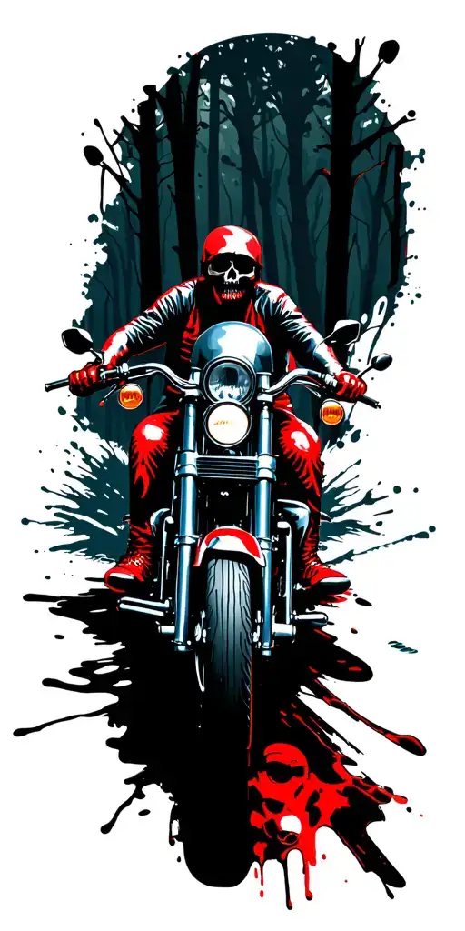 Harley motorcycle riding through a forest, lots of skulls and bones laying around tattoo design idea