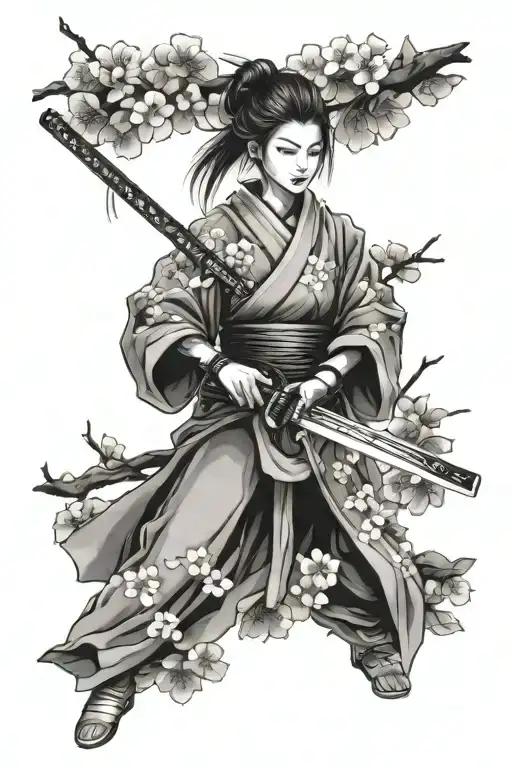 samurai girl holding a katana swords drawn between cherry blossom tattoo design idea