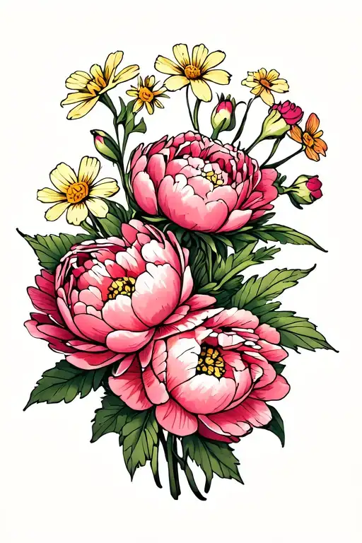 peony and primrose bouquet tattoo design idea