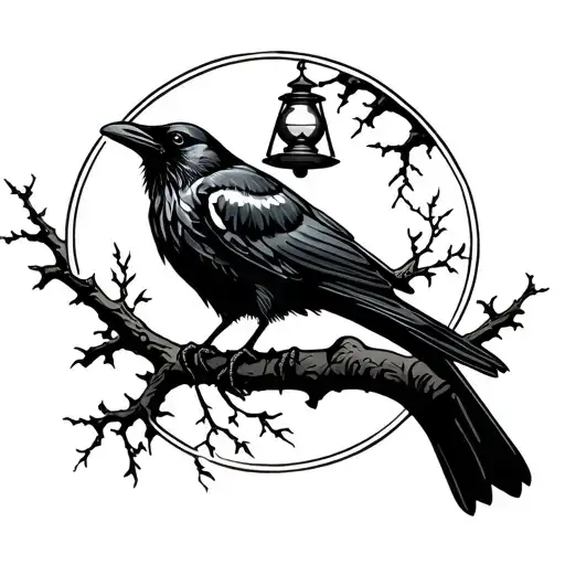 Crow holding oil lamp on tree branch tattoo design idea