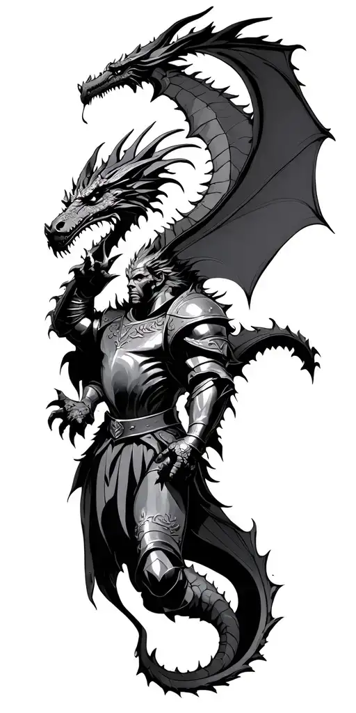 knight and dragon castle fight scene tattoo design idea