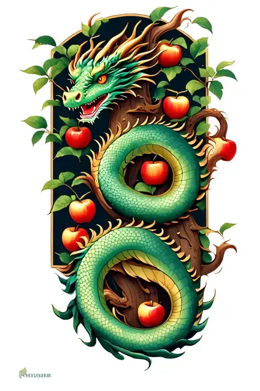 a dragon is coiled around the trunk of the garden of eden tree with apples tattoo design idea