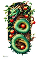 a dragon is coiled around the trunk of the garden of eden tree with apples tattoo design idea