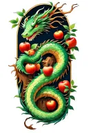a dragon is coiled around the trunk of the garden of eden tree with apples tattoo design idea