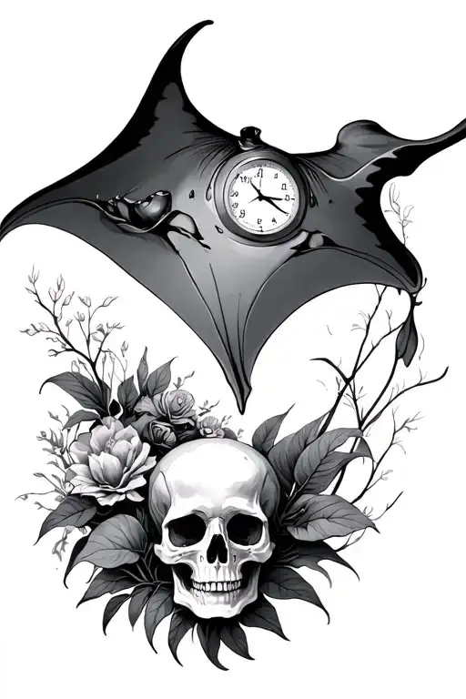 time, skull, nature, manta ray tattoo design idea