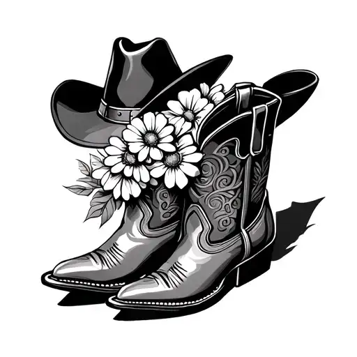 Cowboy boots with the flowers for the month of January and May inside, a cowboy hat propped on the front of the boots an tattoo design idea