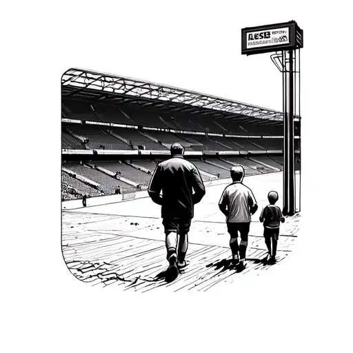 Design me a tattoo of Barnsley FC stadium (Oakwell) with a man and a young boy walking up to it with Kes (Billy Casper)  tattoo design idea
