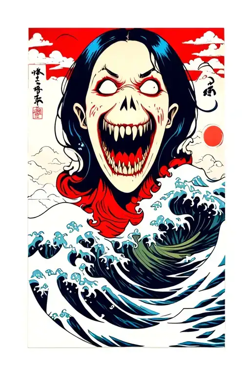 Japanese wave horror tattoo design idea