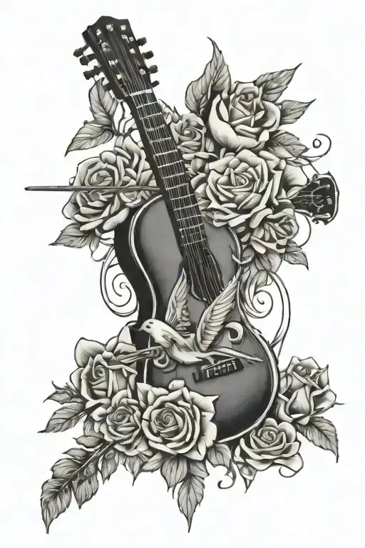 roses with cross, duck, and guitar laying in them  tattoo design idea