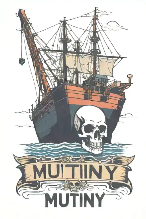 Container Ship with a crane behind and a skull and anchor with text below that says Mutiny tattoo design idea