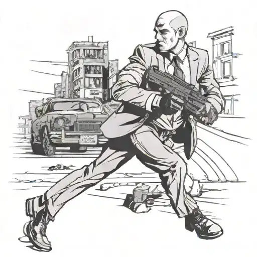 I want a tattoo of a hitman with hair walking in a dark night on a road of a city wearing a suit holding a gun on one ha tattoo design idea