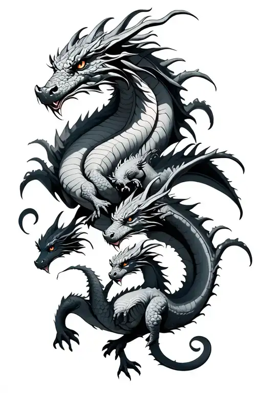 adult dragon with 4 younger dragons tattoo design idea