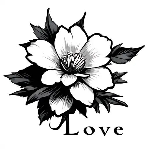 Sakura flower with the word Love underlined with shadows on the flower itself and some shadows from the flower tattoo design idea