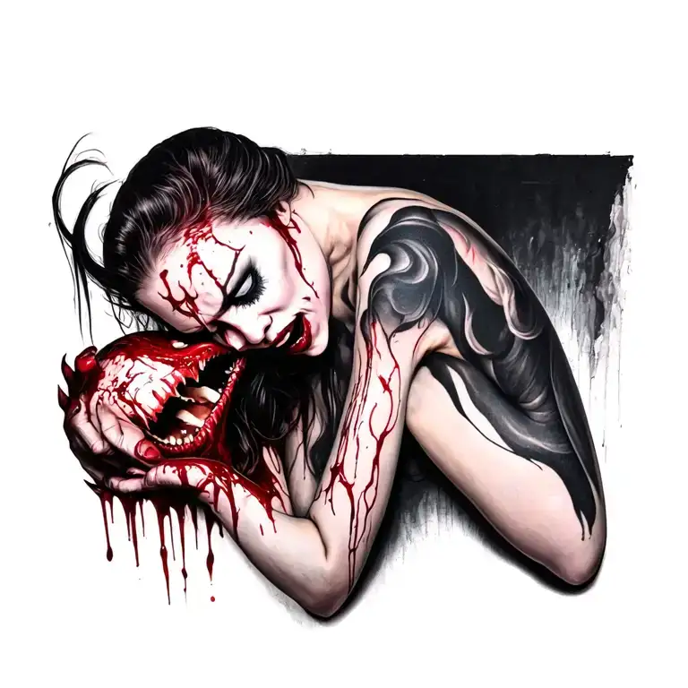 sexy bloody vampire women full body biting head tattoo holding tattoo design idea