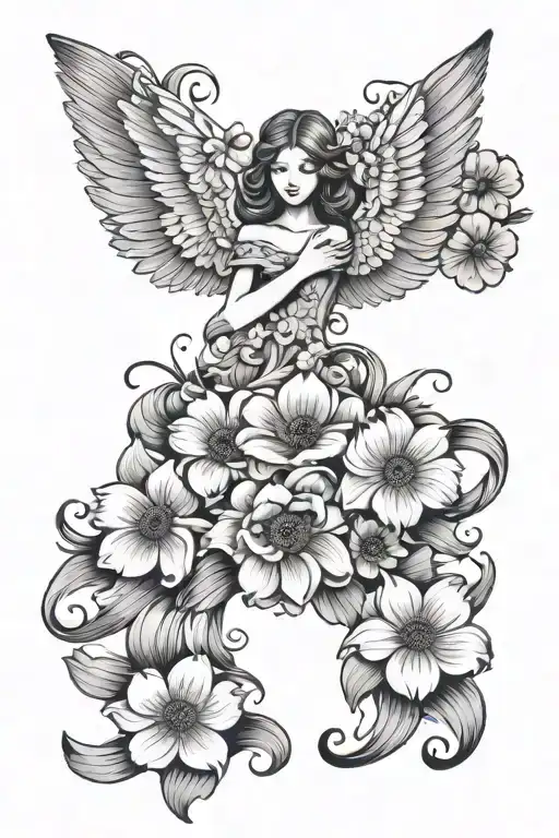 angelwings w anemone flower surrounded no people tattoo design idea