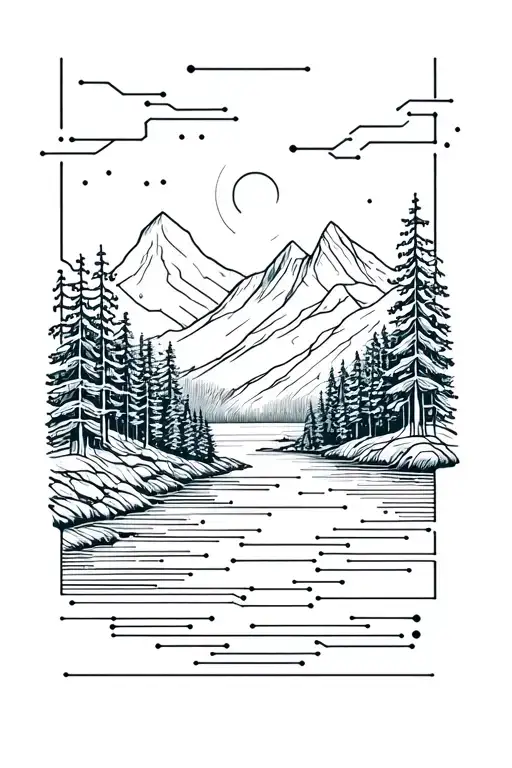 microchip circuit infused with forest with river flowing and  mountain in background  tattoo design idea