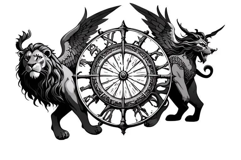 in center fortune wheel , on the left lion with wings , at the top god woman , down is demon ,high quality, lot details  tattoo design idea