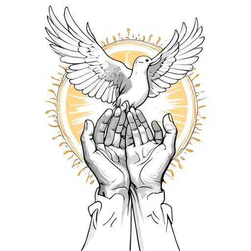Open praying hands with a dove flying out of sunshine tattoo design idea