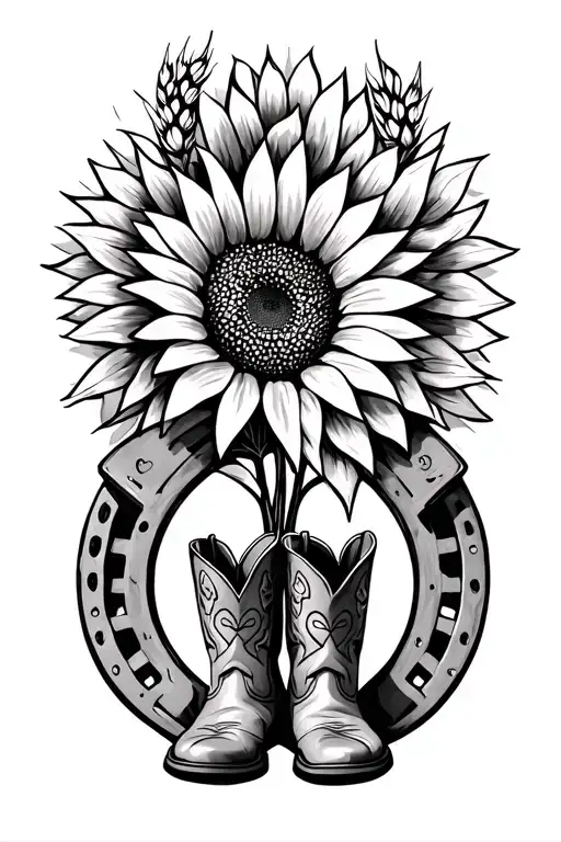 sunflowers, wagon wheel, cowboy boots, horseshoe, wheat tattoo design idea