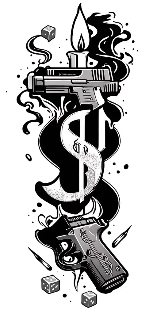 ' B 4 L' text gangster font above, Candle, dollar sign, glock pistol, dices, smoke full arm, spray and other for gang tattoo design idea