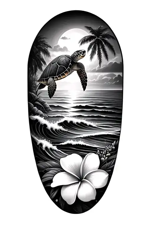 Sea turtle, ocean waves, plumeria, sunset, palm tree tattoo design idea