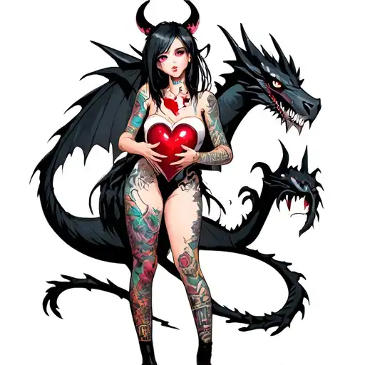 tattooed anime demon girl holding a shattered heart surrounded by a voodoo black dragon tattoo design idea