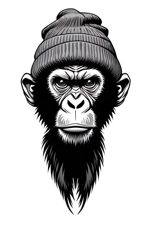serious-looking monkey with beanie. eyes are narrowed, and its expression appears tough or unimpressed tattoo design idea